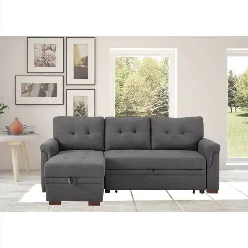 Dark Gray Linen Reversible Sleeper Sectional Sofa With Storage Chaise
