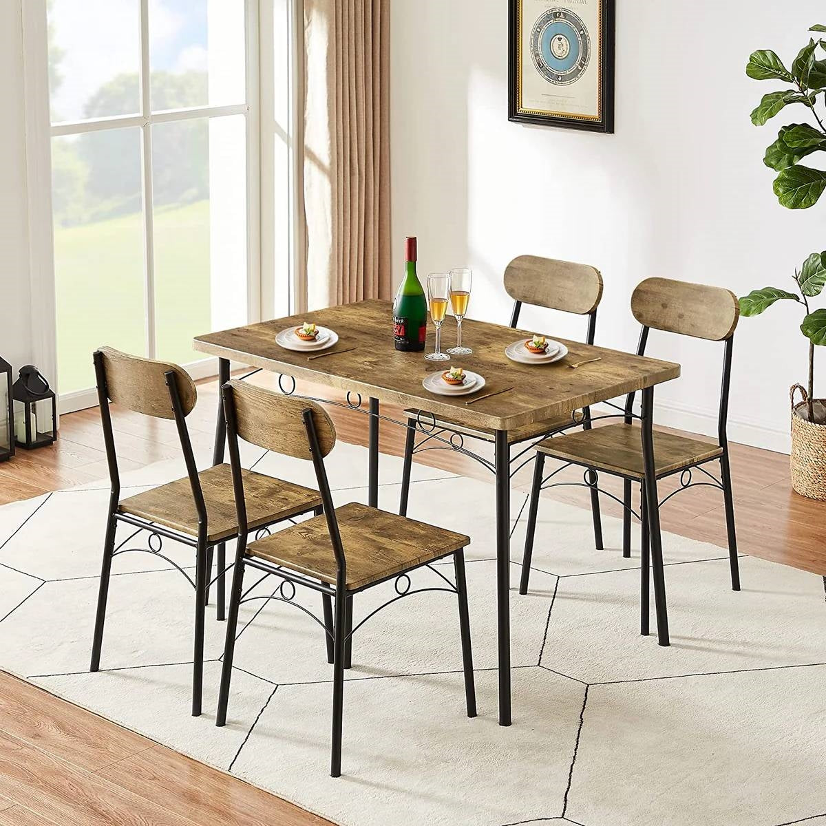 Modern Industrial 5-Piece Dining Set with Wood Top Table and 4 Chairs