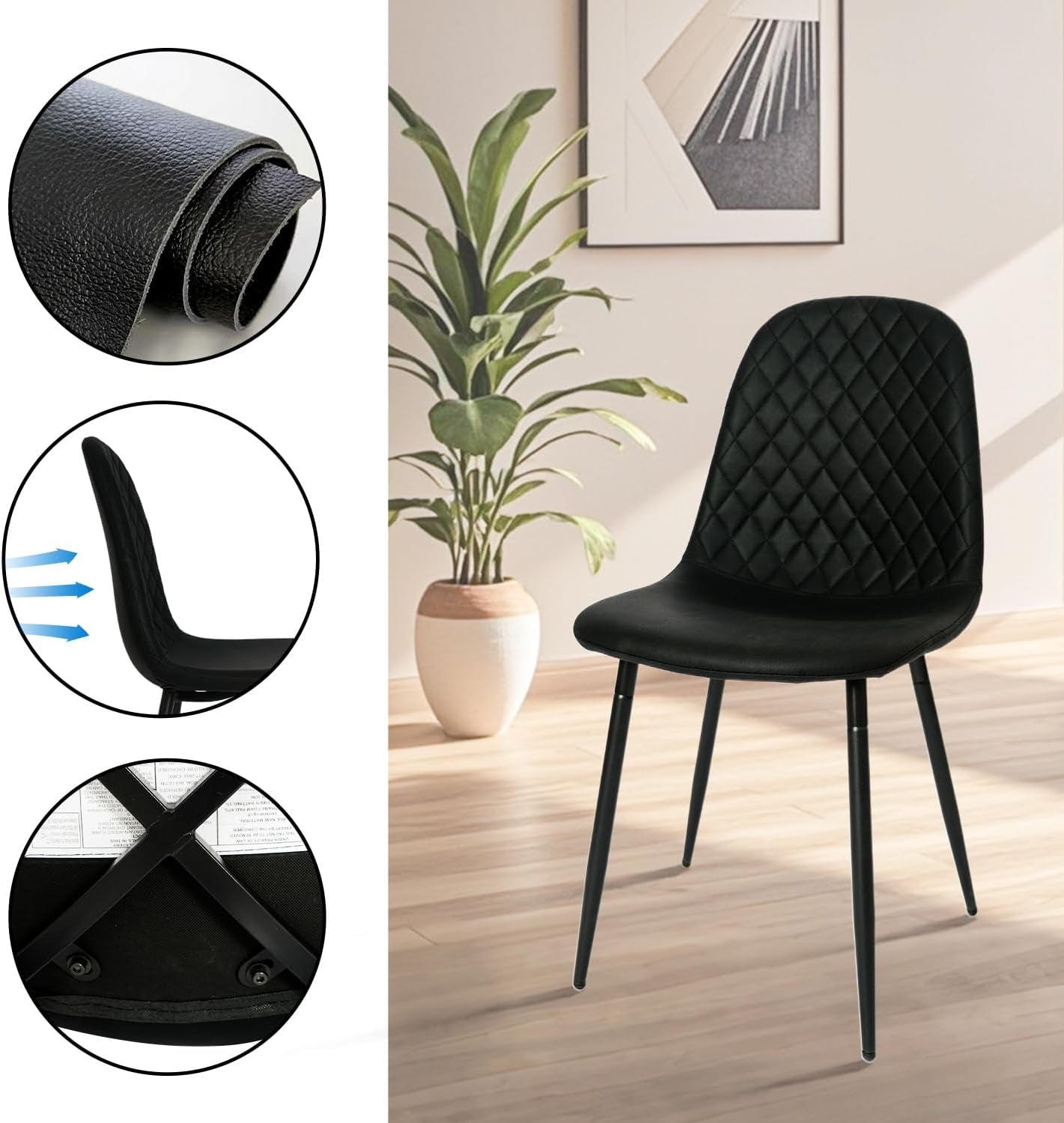 Modern Black Dining Chairs Set of 2, PU Leather Dining Room Chairs